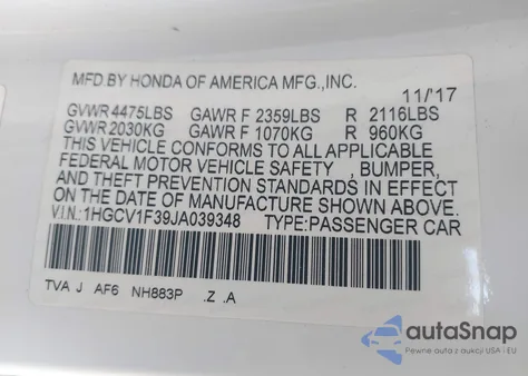 2018 Honda Accord Sport from USA, damaged, VIN 1HGCV1F39JA039348